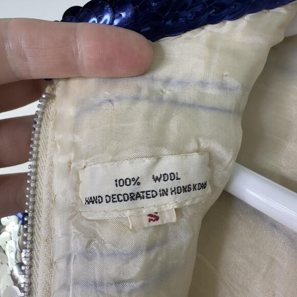 Vintage Sequin Shirt Womens Small Blue Silver Striped Wool Hong Kong 60s - Picture 6 of 12